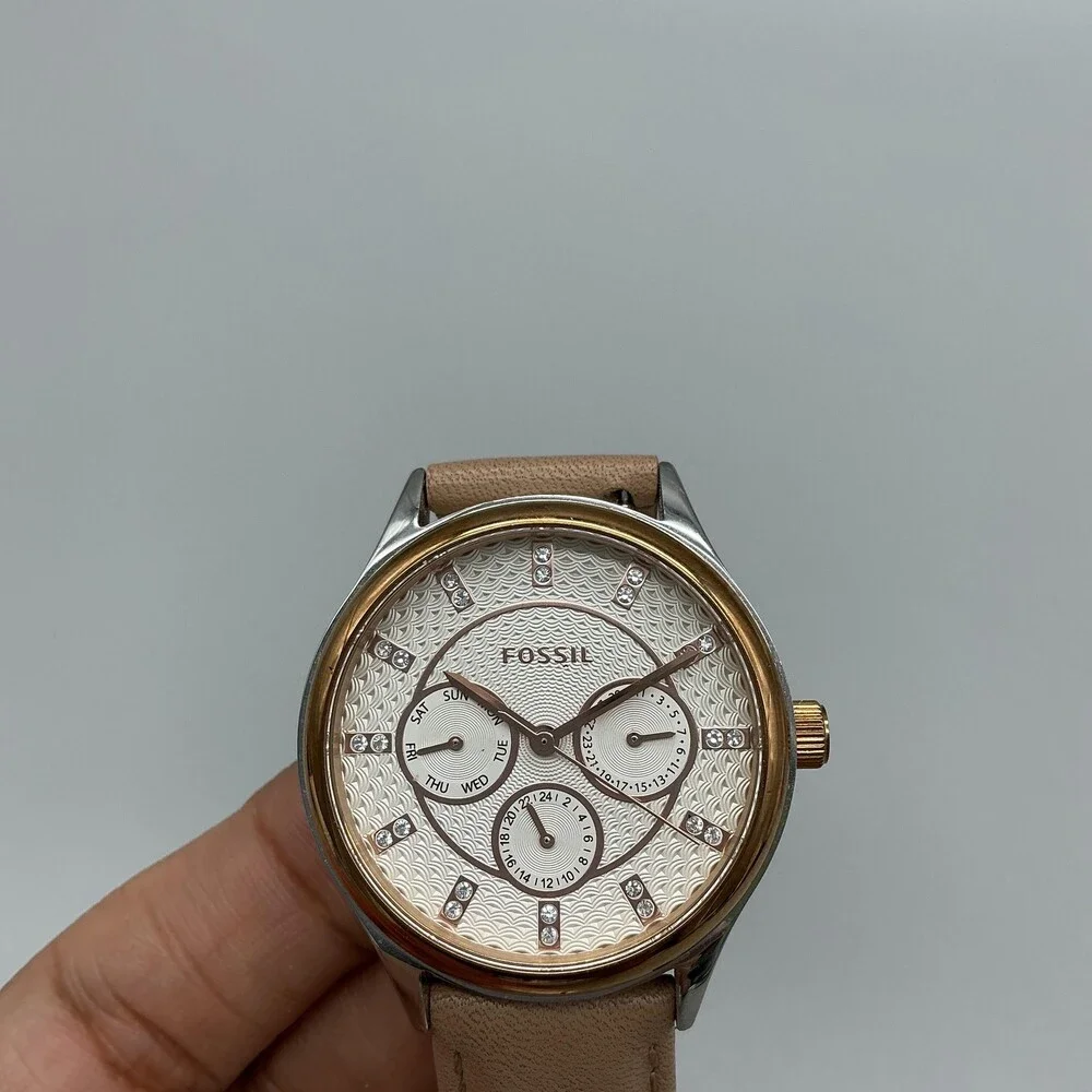 Fossil Womens Watch 36mm Rose Gold Tone Beige Leather Day Date New Battery